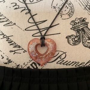 Murano Style Copper Color Glass Heart Pendant on an 18” Black Cord